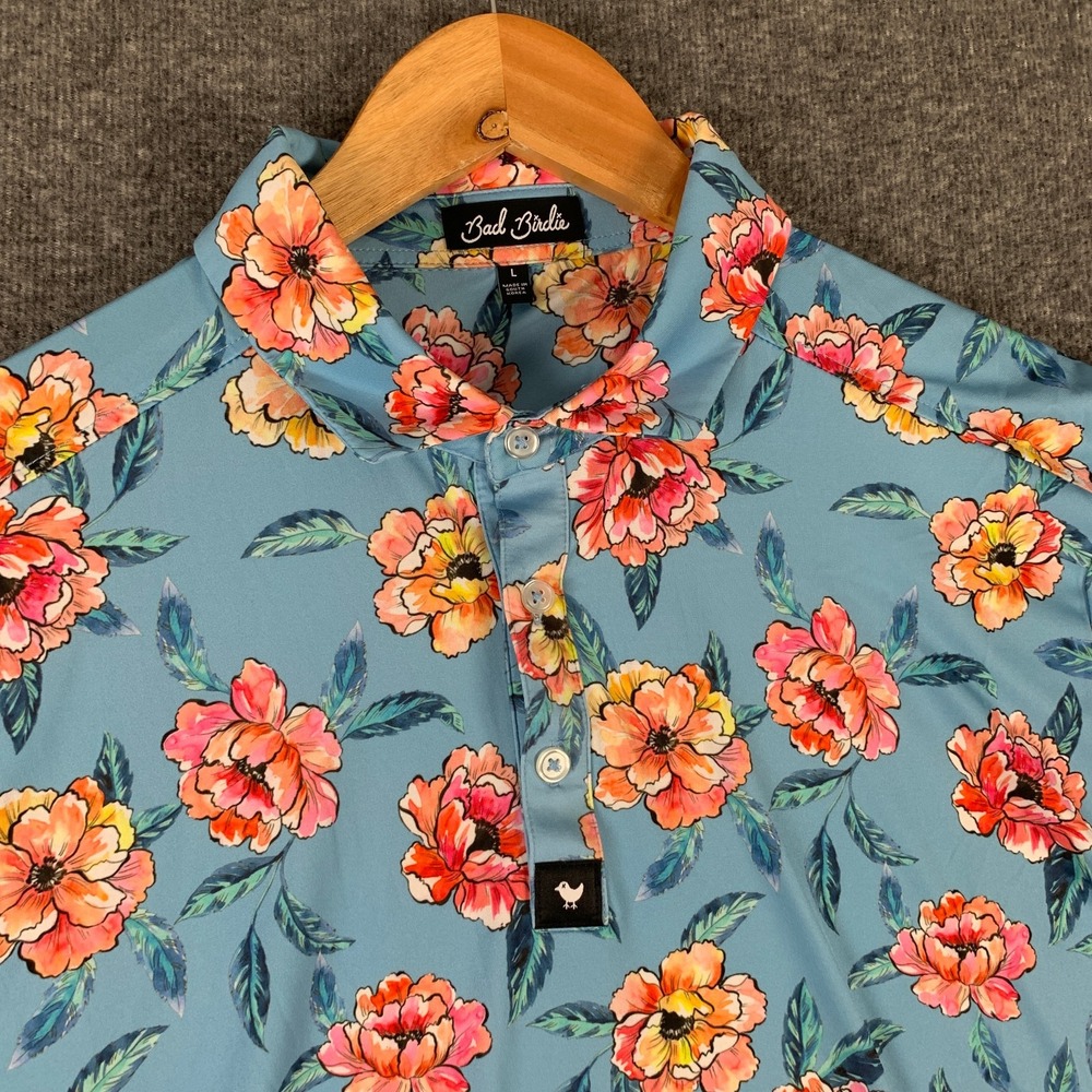 Bad Birdie Polo Men Large Floral Performance Stretch Preppy Golf